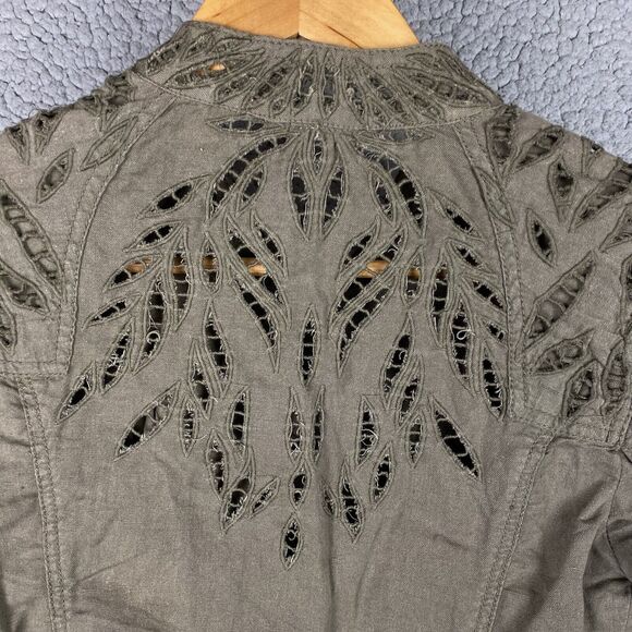 Free People Moto Jacket Olive Green Eyelet Lace Cutout Linen Cotton Full Zip XS - Picture 7 of 14